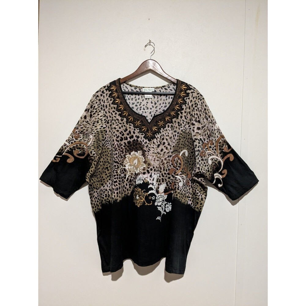 Ulla Popken Cotton Top 28 /30 Notch Neck Beaded Emb Leopard 3/4 Sleeve B64